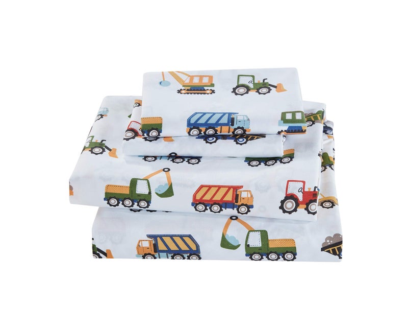 Fancy Linen Crib Sheet Set Flat Fitted and Pillow Case Set for Boys/Girls Multi Color Under Construction Zone Excavators Dumping Trucks Tractors Light Blue Red Yellow Dark Blue New
